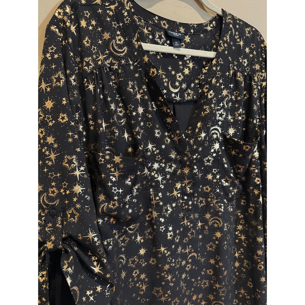 Torrid Harper Blouse Womens 5 5X Black Gold Silver Foil Celestial Moon Star Top - Picture 2 of 8